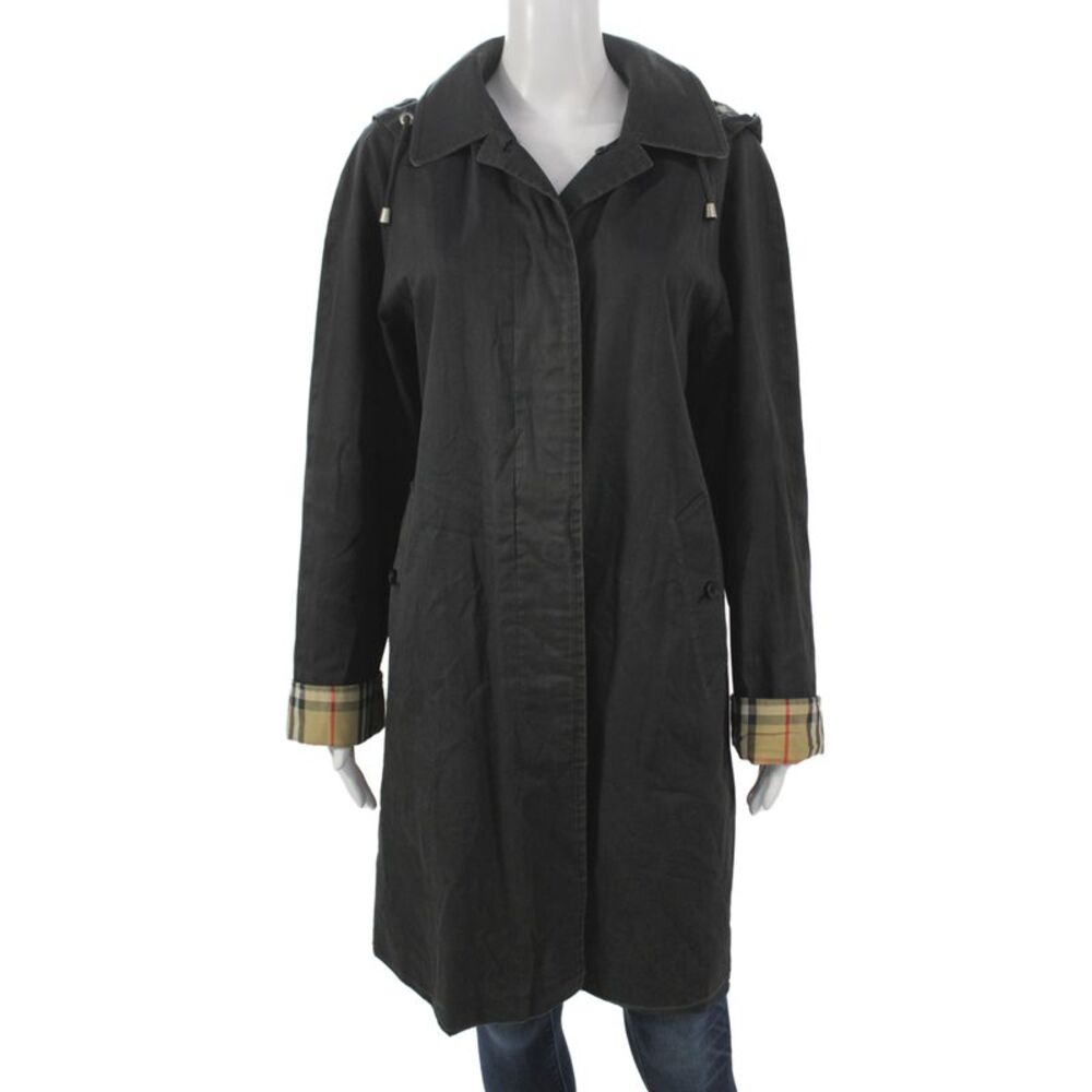 Burberry London Women Trench Coat Black Check Cotton Collared Button Size M